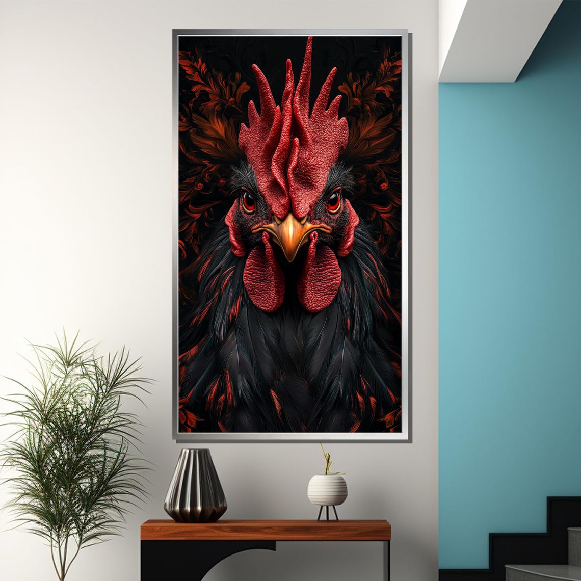 Crimson King Majestic Black Red Rooster Portrait Rustic Farm Poster - Image 3