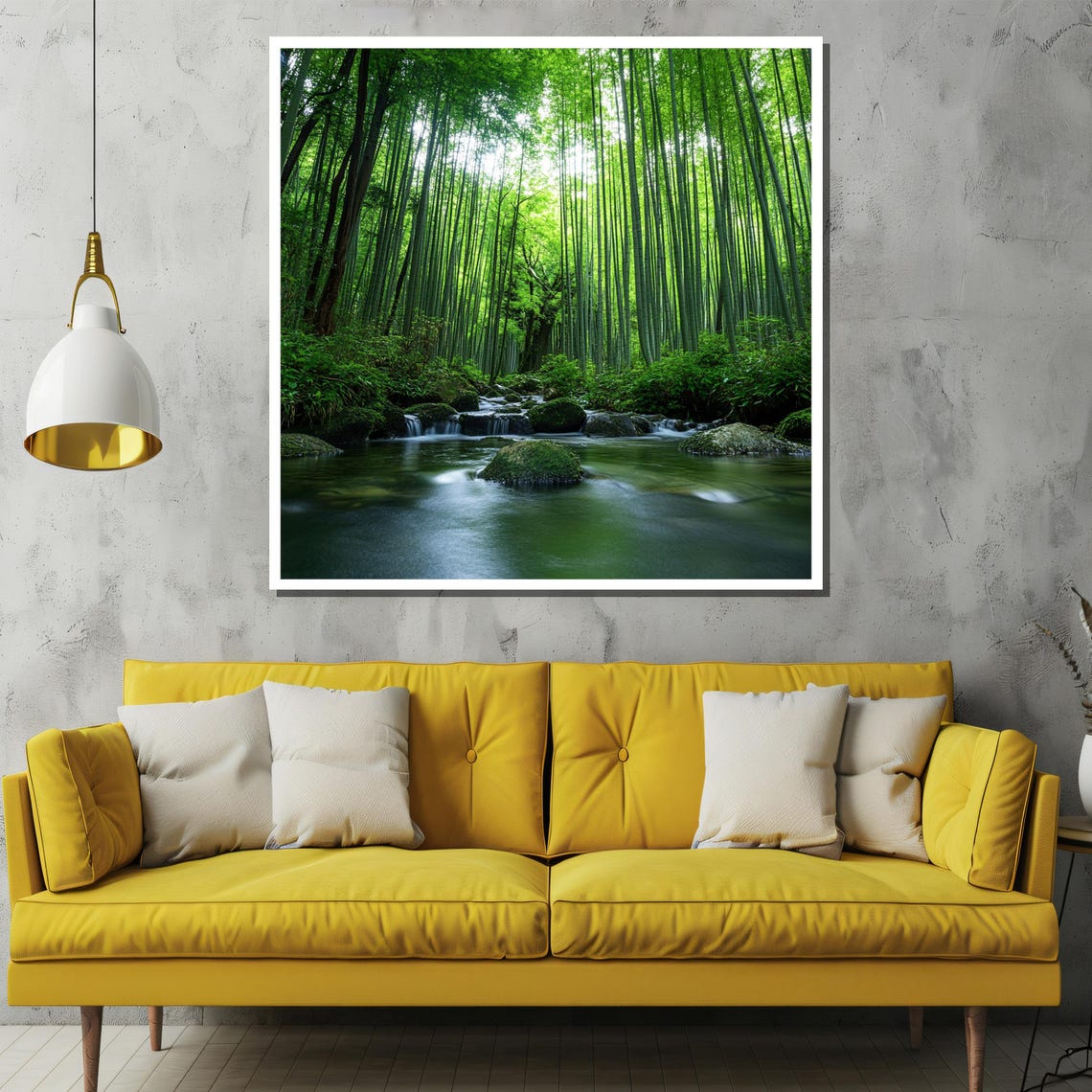 Towering Green Bamboo Forest Beside a Tranquil Stream Art Poster - Image 2