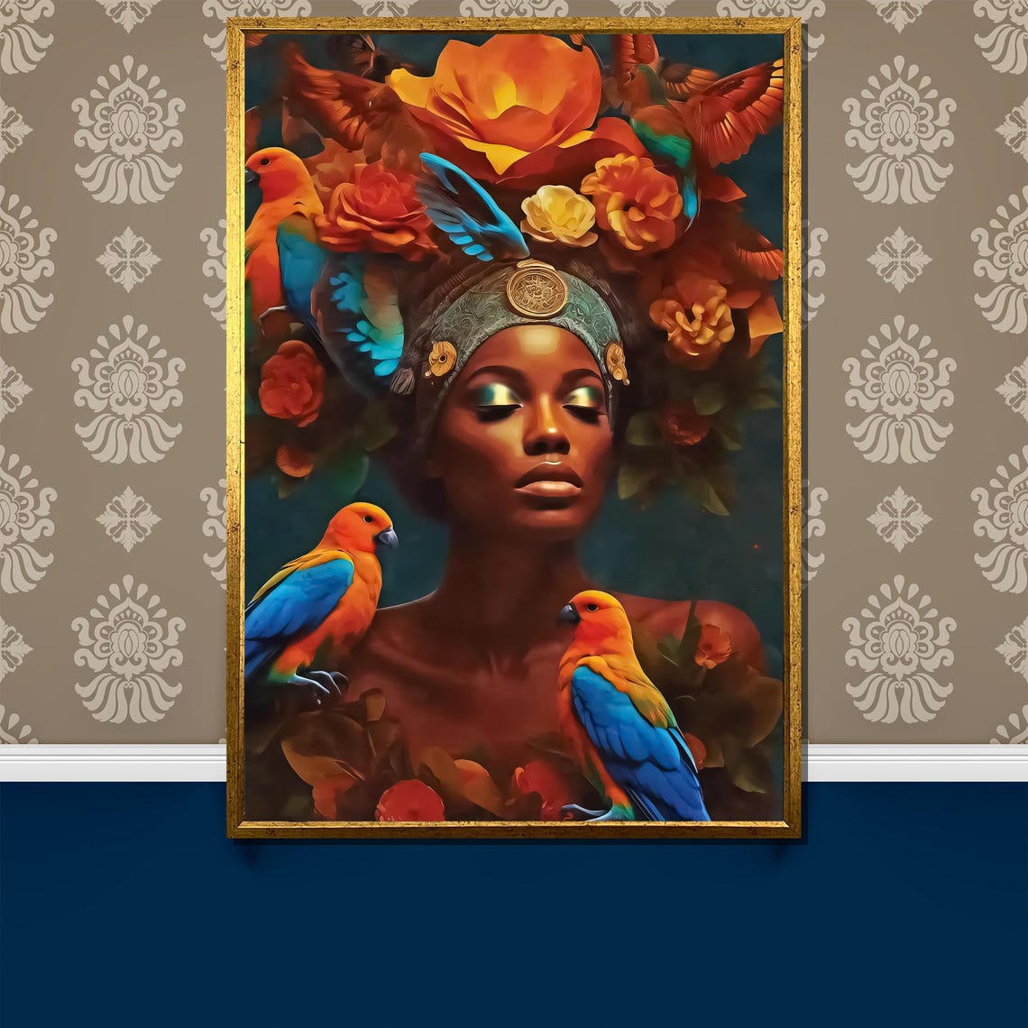 Regal Exotic Woman With Parrot Flower Crown Tropical Art Poster