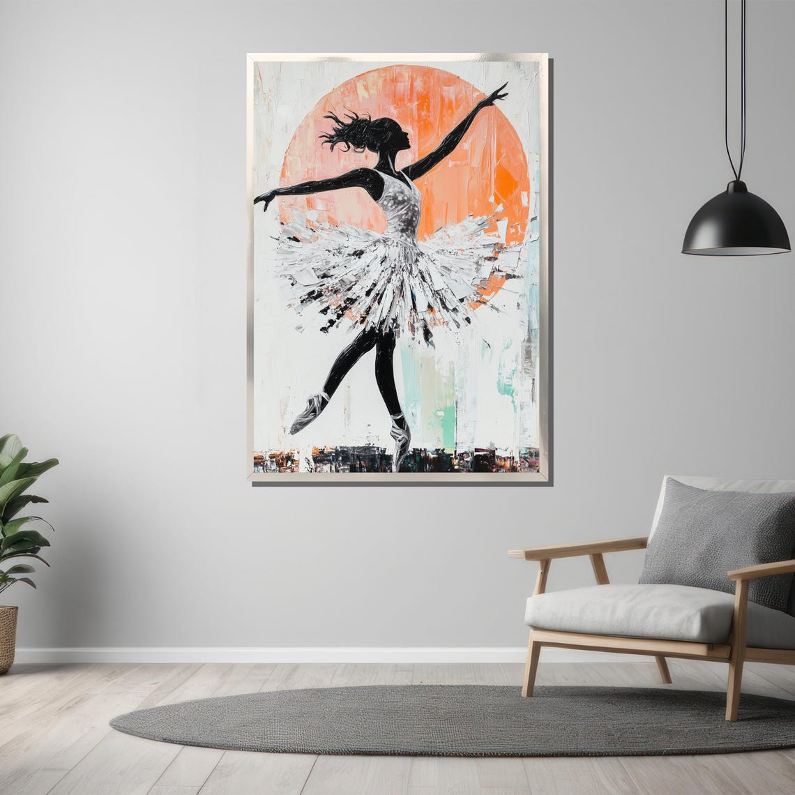 Ballerina Silhouette in White Tutu with Orange Sun Circle Art Poster - Image 3