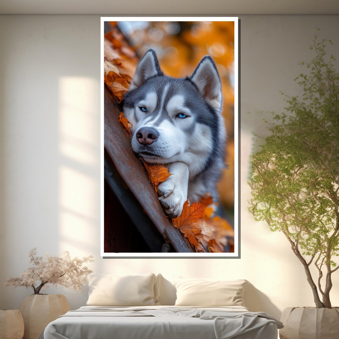 Siberian Husky Blue Eyes Autumn Leaves Resting Dog Art Poster - Image 2