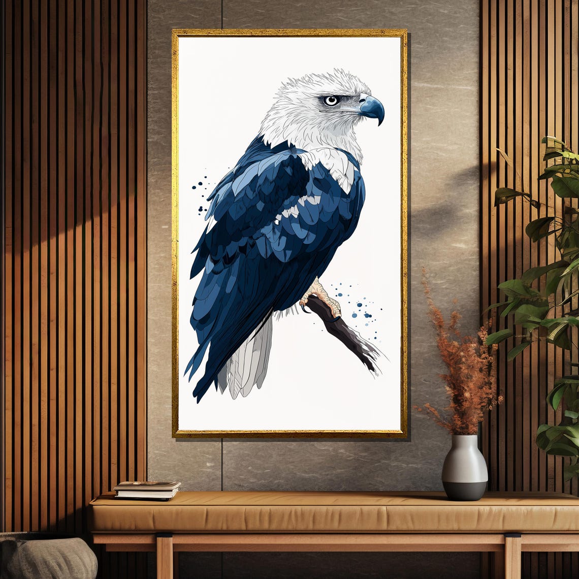 Indigo Majesty Blue and White Eagle Perched Watercolor Art Poster - Image 5