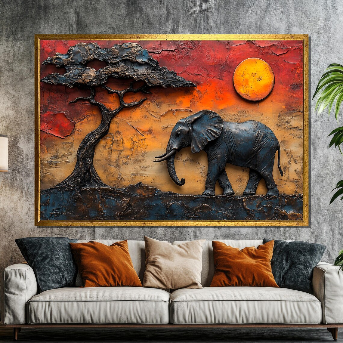 African Elephant Painting, Safari Scene Wall Art Print