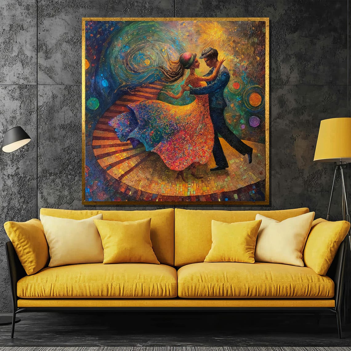 Romantic Dancing Couple Starry Night Colorful Pointillist Poster - Image 2