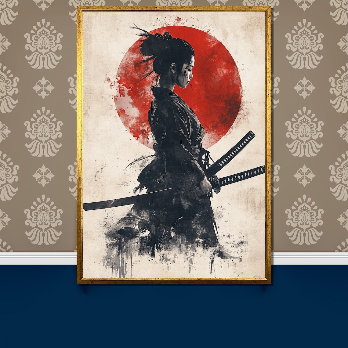 Samurai Woman Art Print, Bold Red Sun Circle
