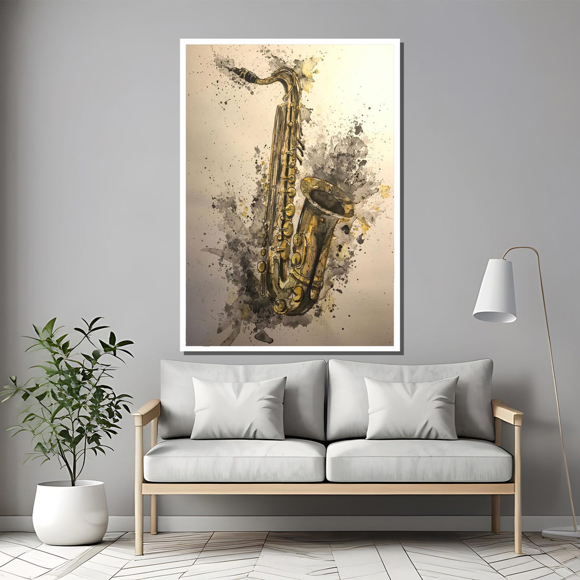 Watercolor Saxophone With Grey Ink Splash Jazz Music Art Poster - Image 2