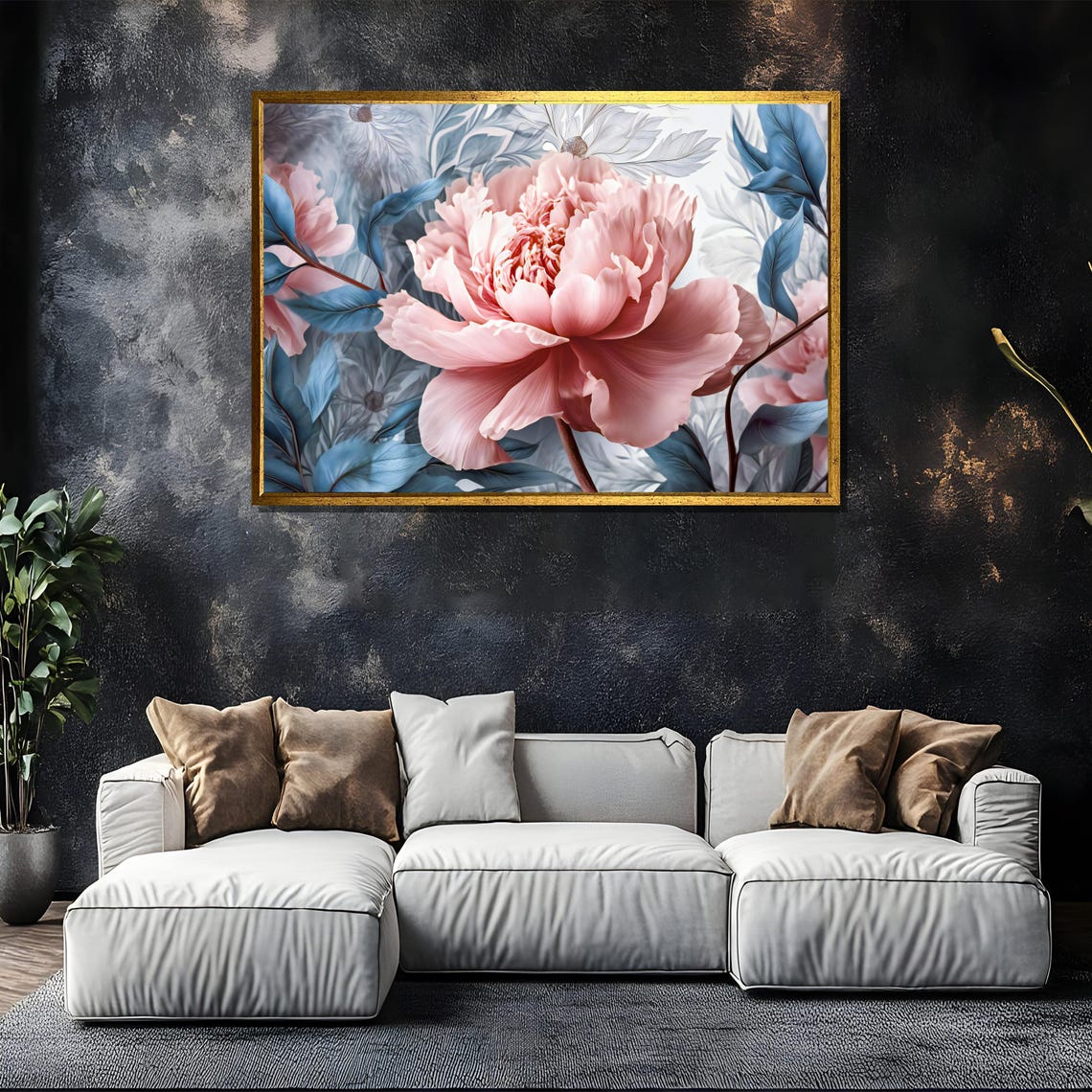 Romantic Pink Peony Pastel Blue Leaves Large Floral Art Poster - Image 5
