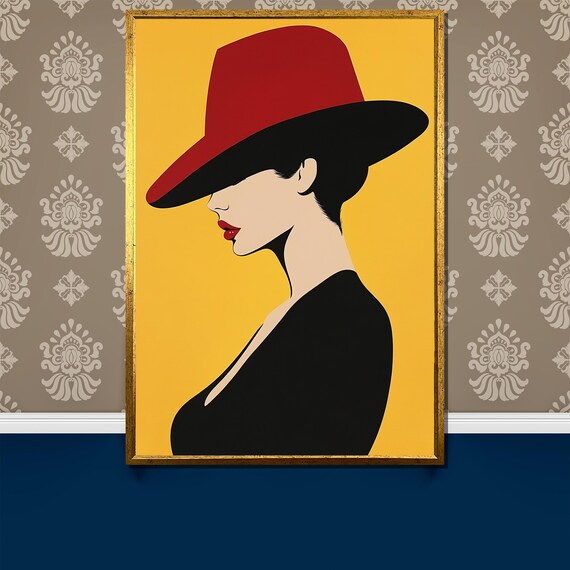 Minimalist Woman in Red Hat Profile Portrait on Mustard Poster