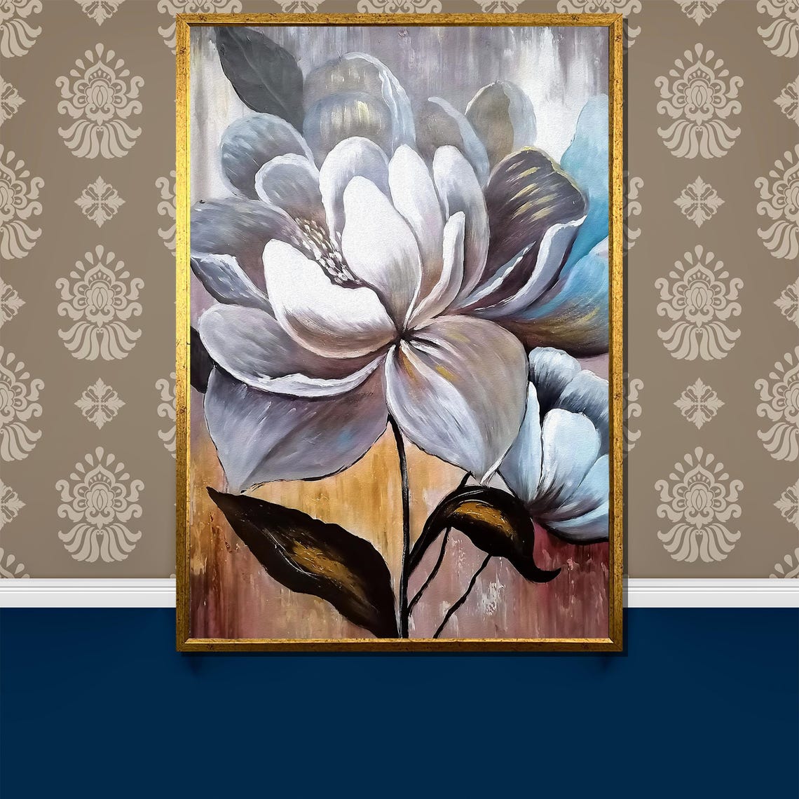 Elegant Neutral White Bloom Soft Gray Floral Painting Poster