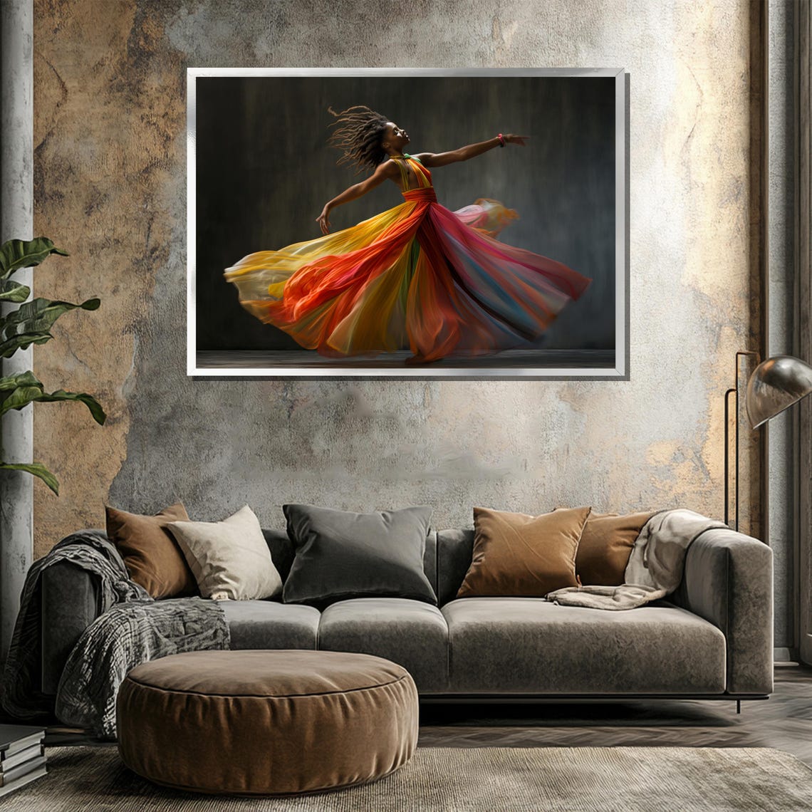 Joyful Dancer Twirling Rainbow Flowing Dress Gray Studio Art Poster - Image 3