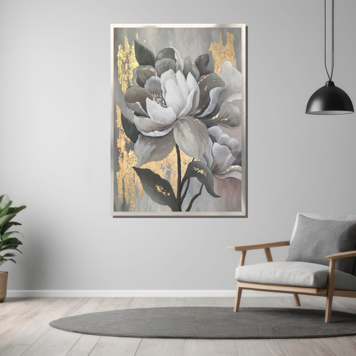 Gray White Floral With Gold Leaf Accents Elegant Botanical Poster - Image 3