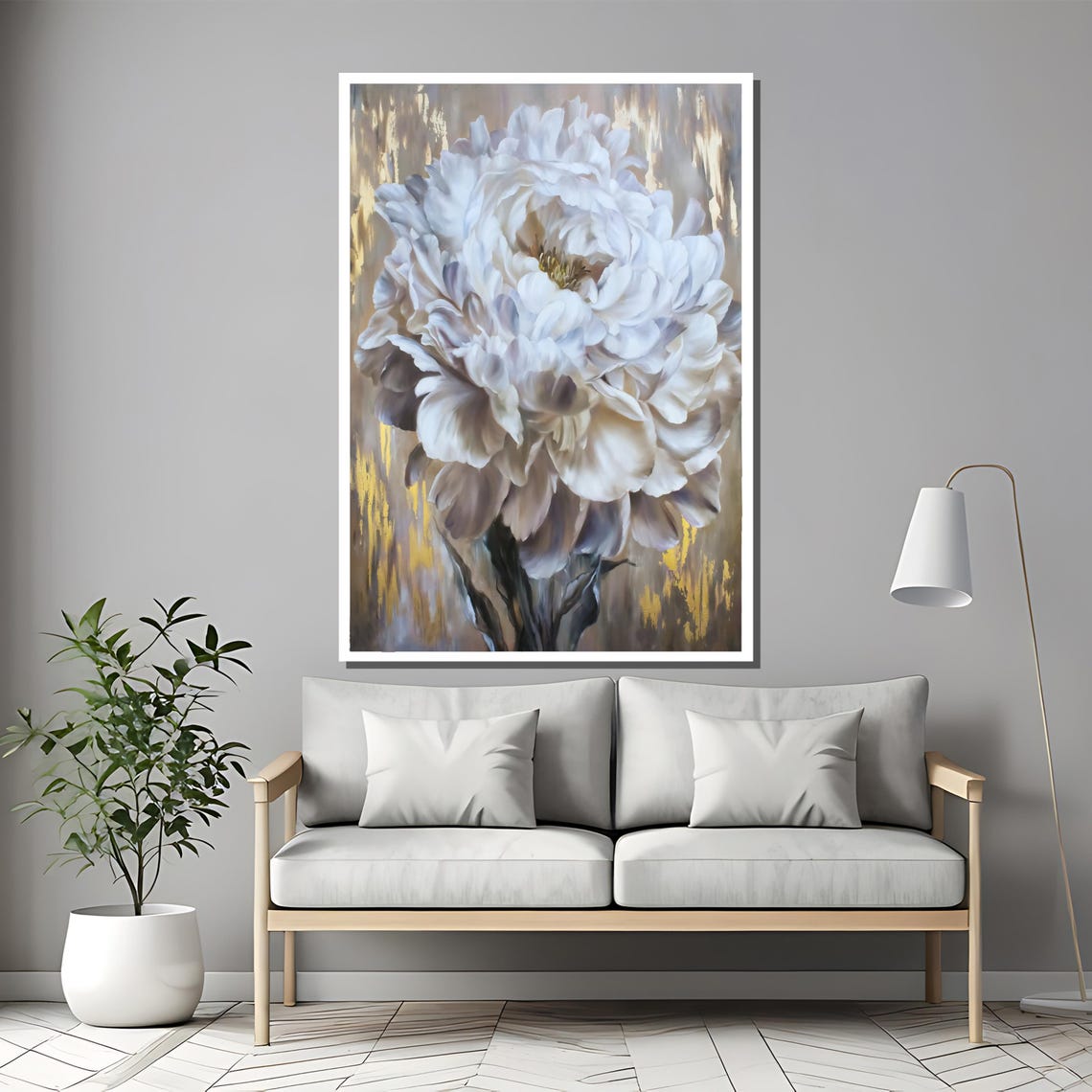 White Peony Bloom with a Gold Accent Background Floral Poster - Image 2