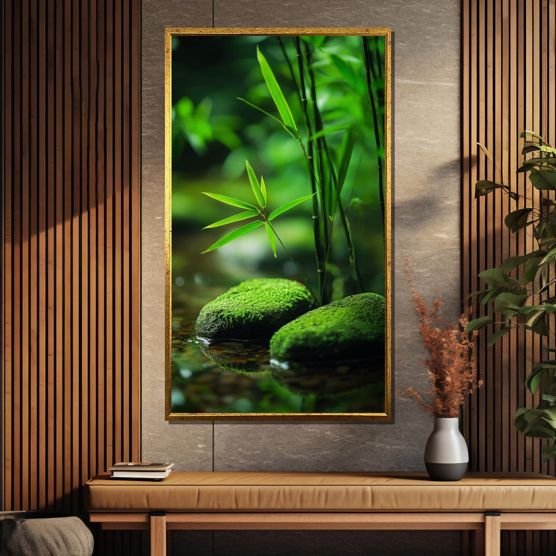 Moss-Covered River Stones Beneath Fresh Bamboo Shoots Poster - Image 5