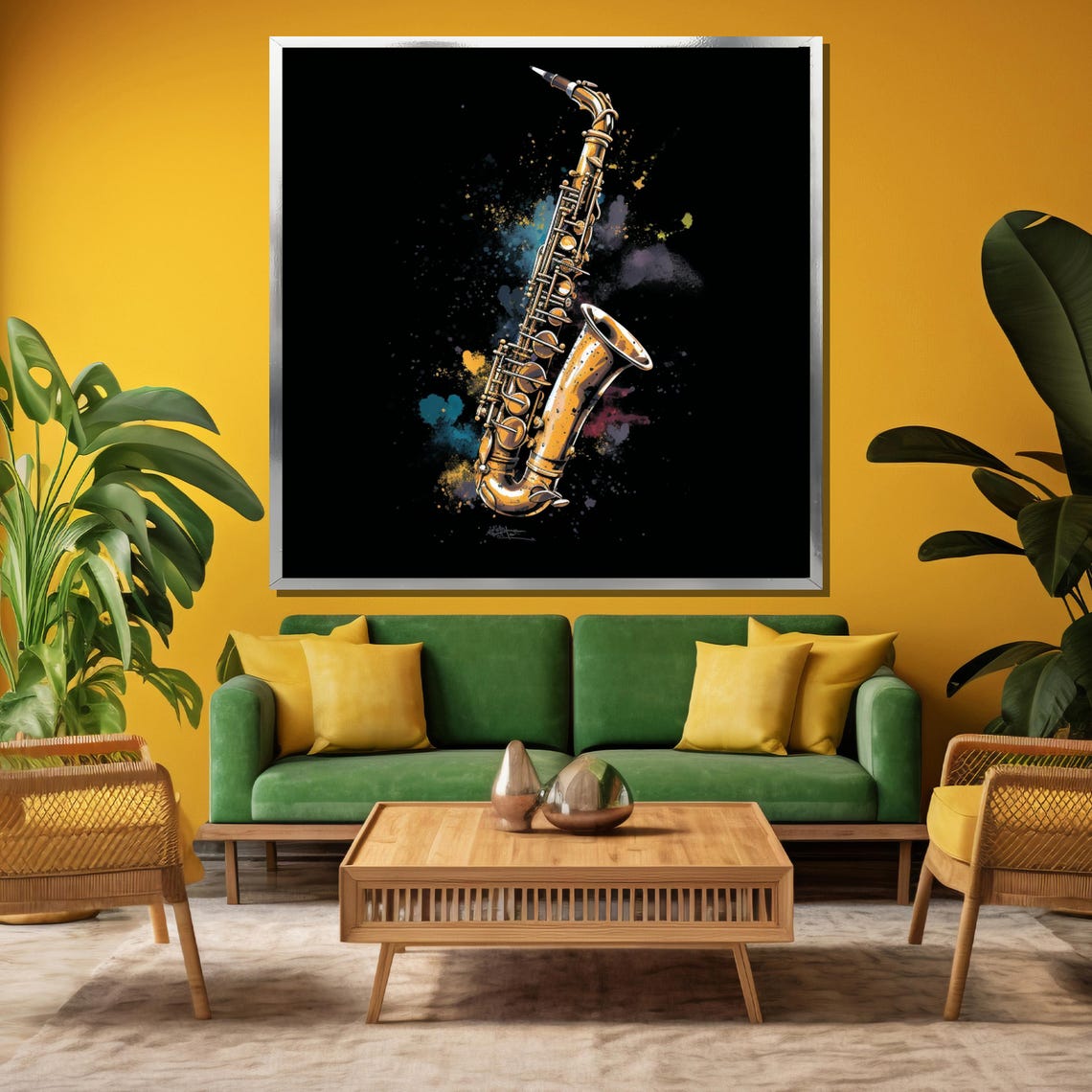 Golden Saxophone on Black With Colorful Paint Splash Art Poster - Image 3