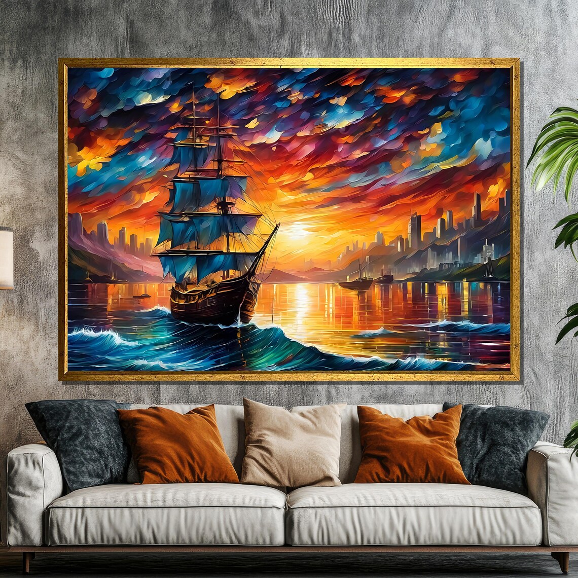 Tall Ship Sailing Into Sunset Harbor With City Skyline Painting Poster