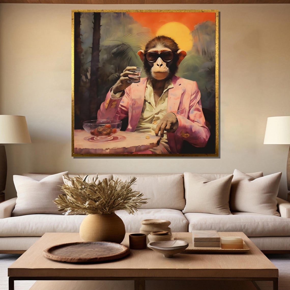 Monkey in Pink Suit and Sunglasses Drinking at Sunset Poster - Image 5