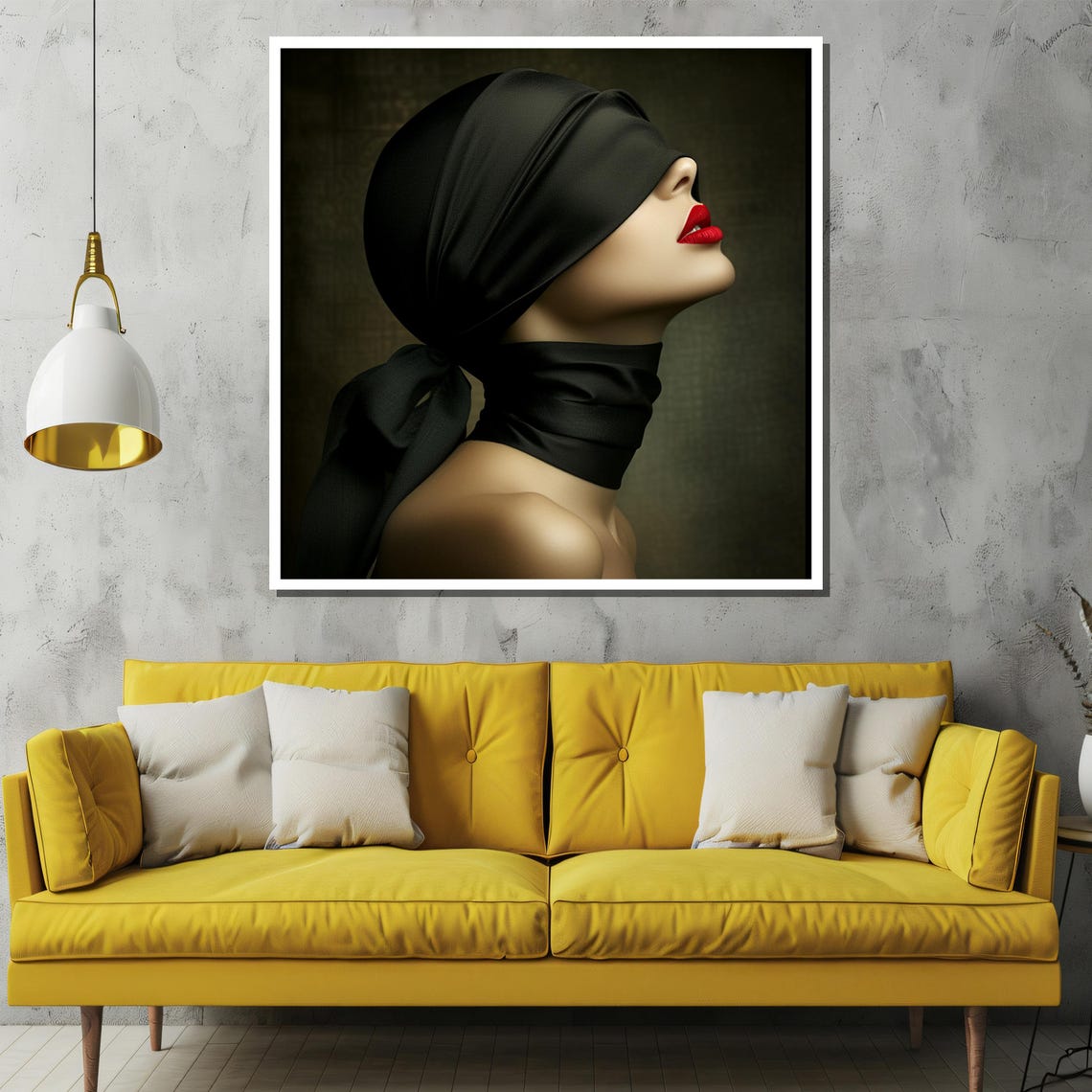 Blindfolded Woman with Black Silk Scarf and Bold Red Lips Poster - Image 2