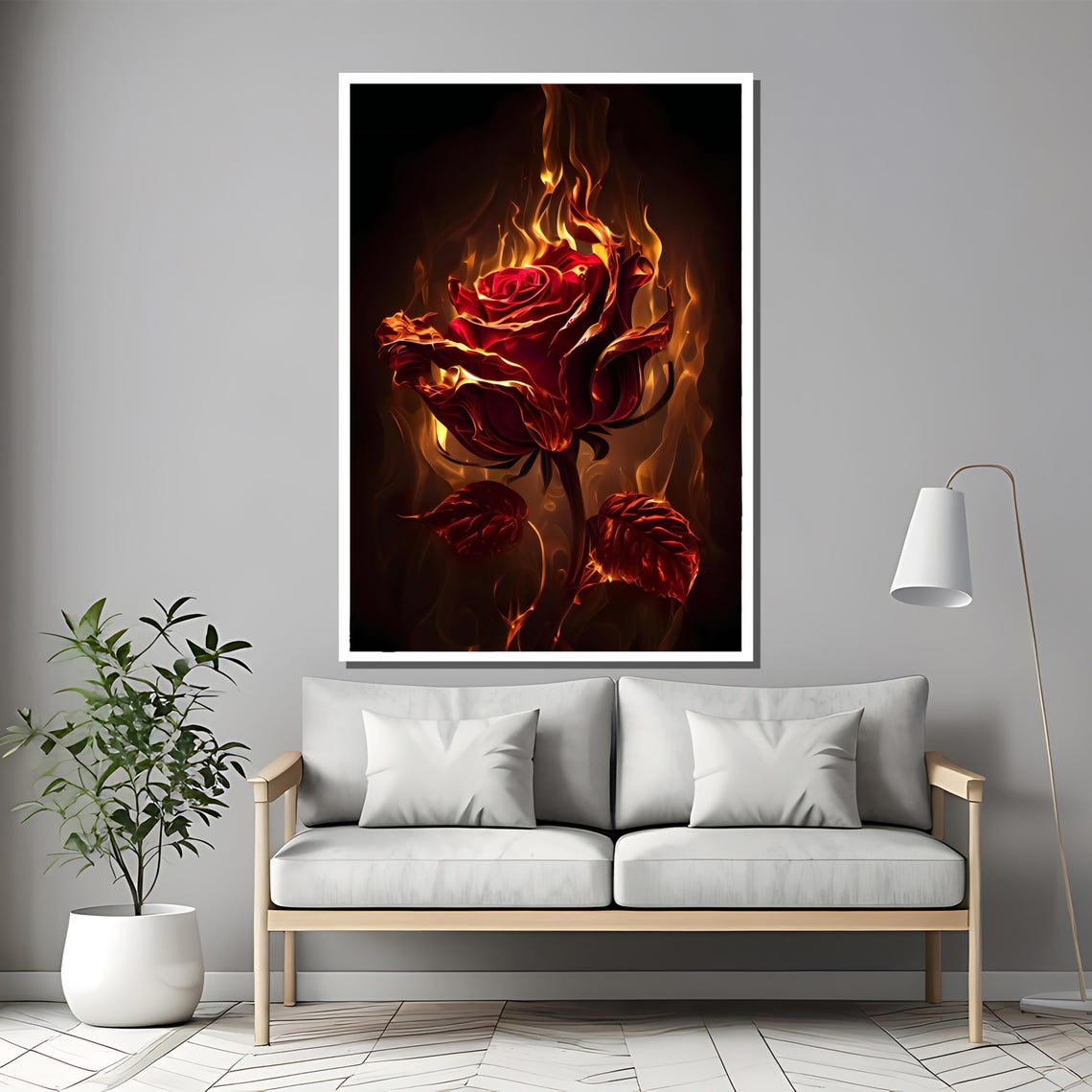 Flaming Red Rose On Dark Black Background Dramatic Flower Poster - Image 2