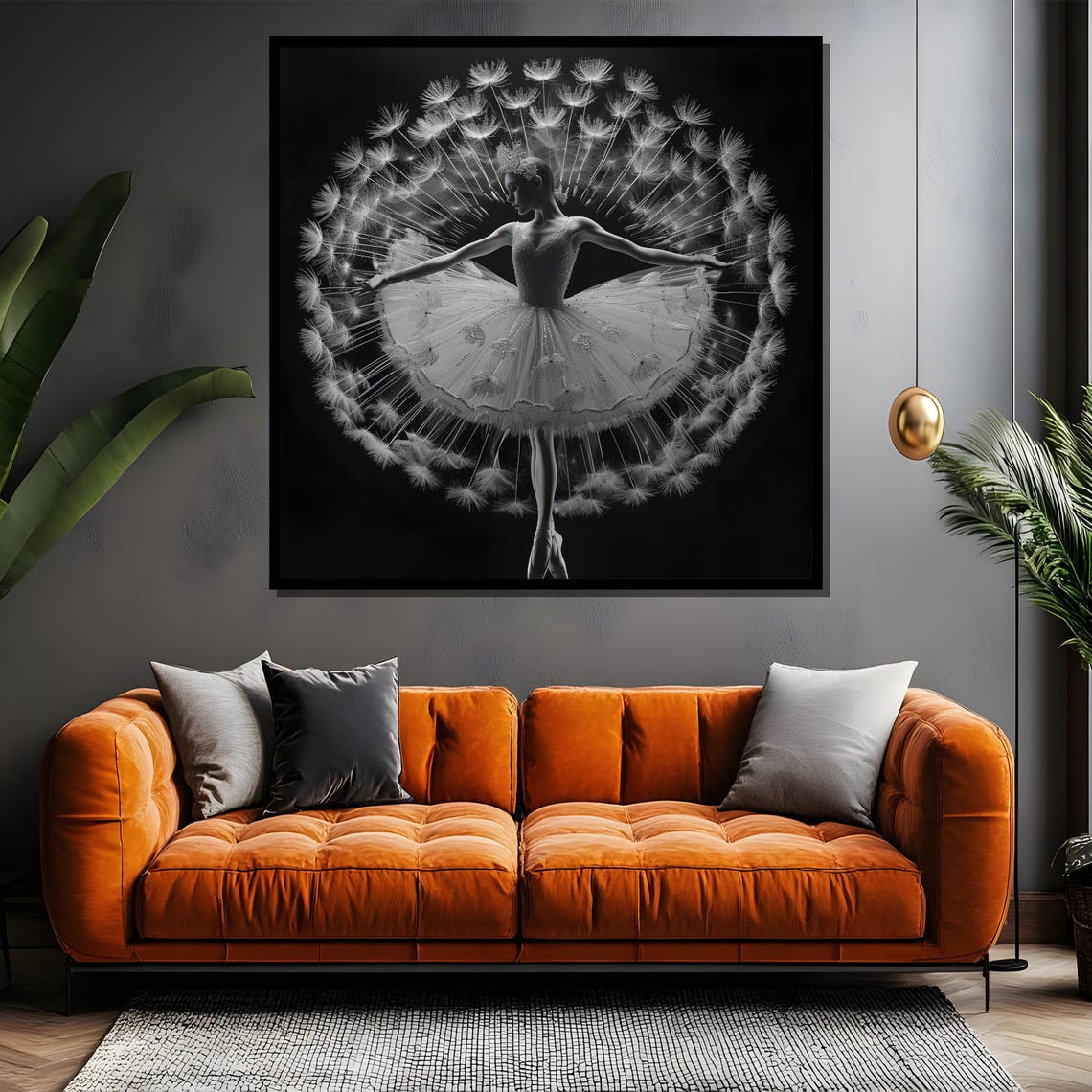 Ballerina Dandelion Fusion Black and White Whimsical Art Poster - Image 4