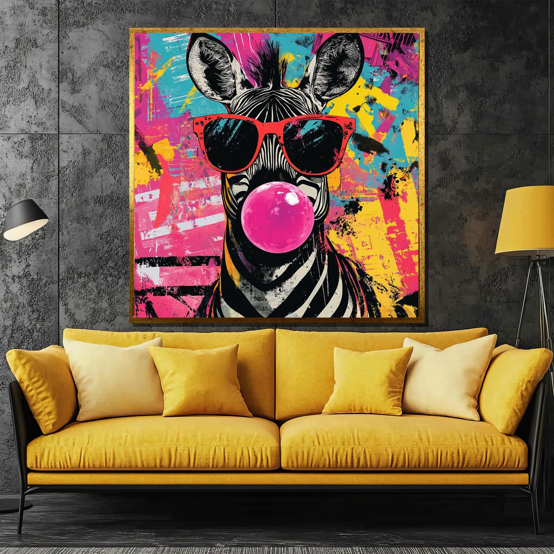 Pop Art Zebra Blowing a Pink Bubble Gum Bubble in Sunglasses Poster