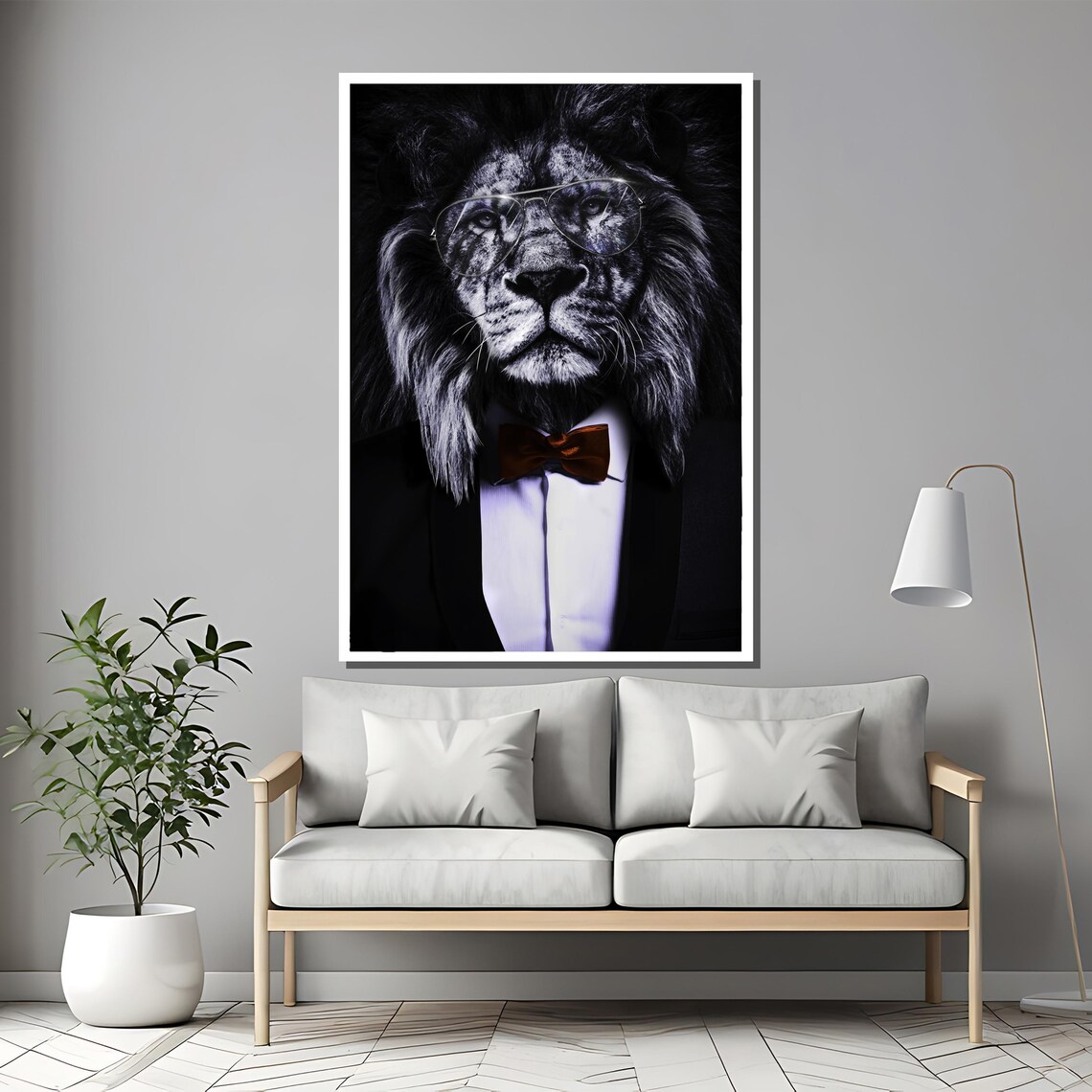 Dapper Lion in Tuxedo Glasses and Bow Tie Portrait Art Poster - Image 2