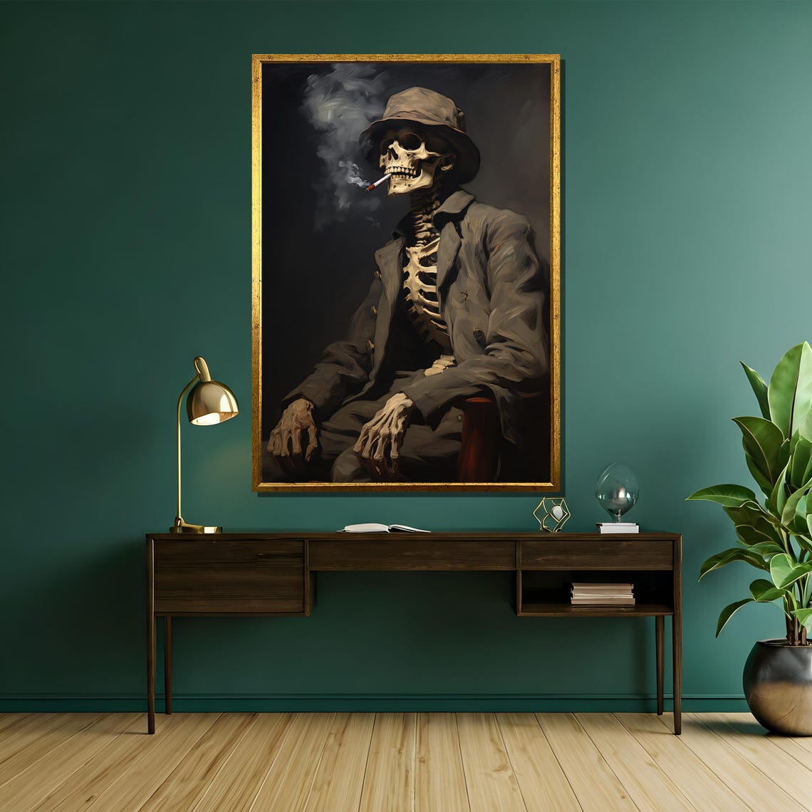 Skeleton in Suit and Hat Smoking a Cigarette Dark Gothic Poster - Image 5