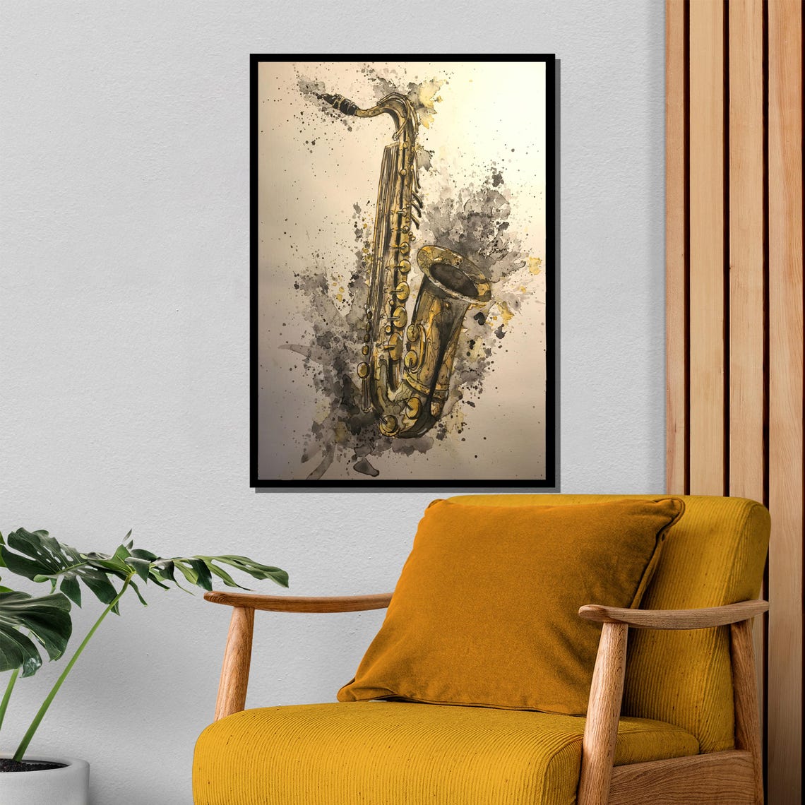 Watercolor Saxophone With Grey Ink Splash Jazz Music Art Poster - Image 4