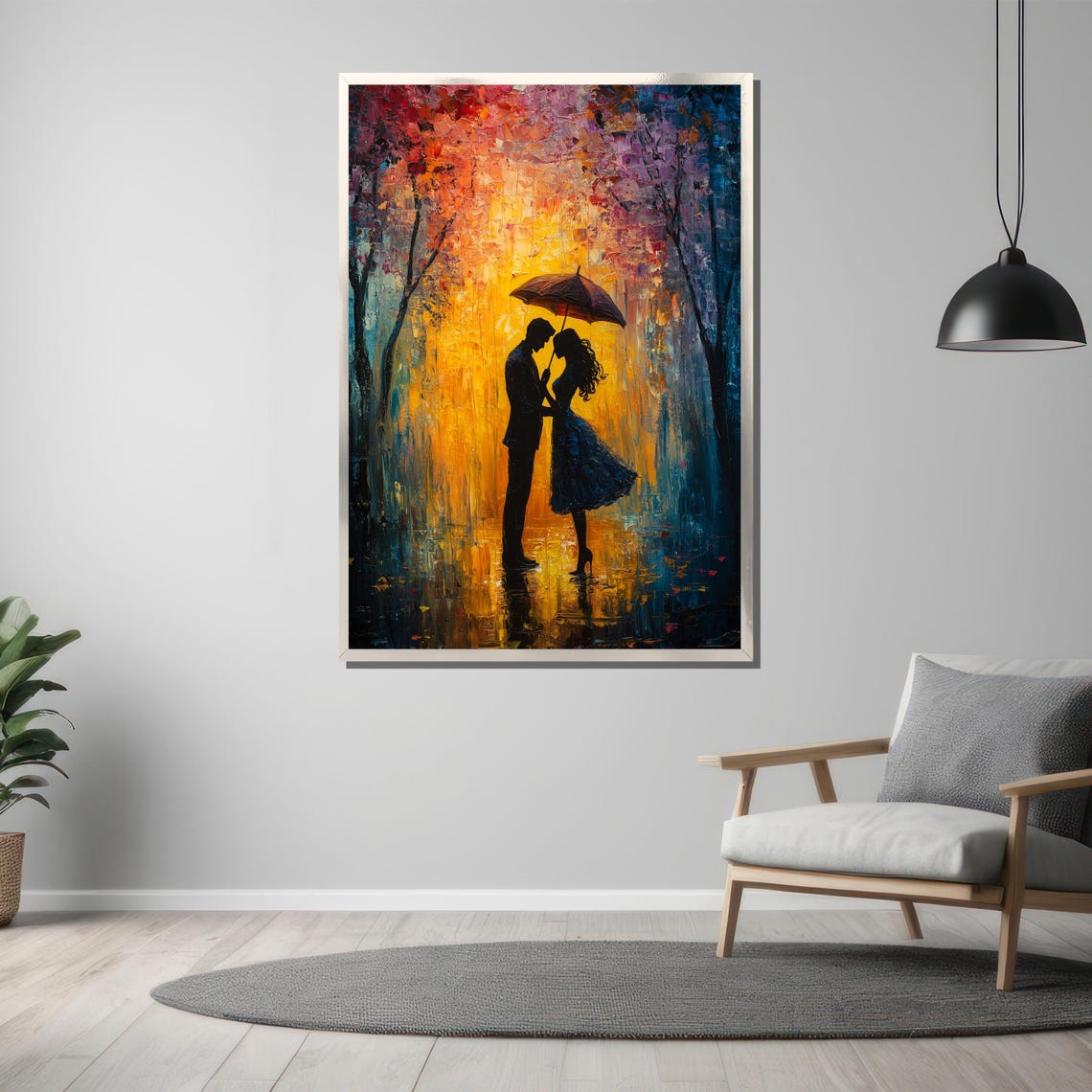 Romantic Rain Couple Under Umbrella Colorful Textured Art Poster - Image 3