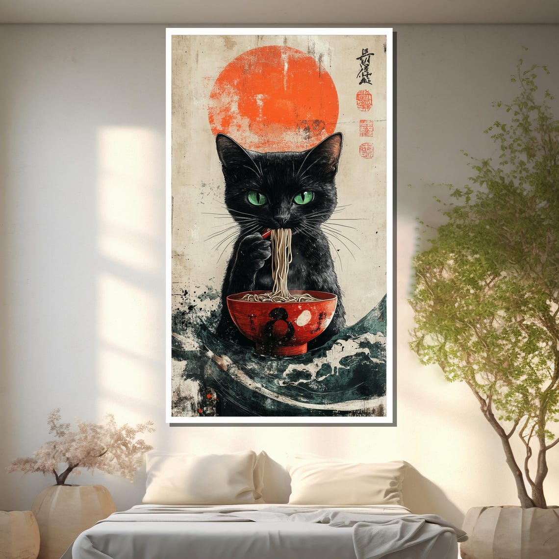 Japanese Black Cat Eating Ramen Red Sun Funny Playful Art Poster - Image 2