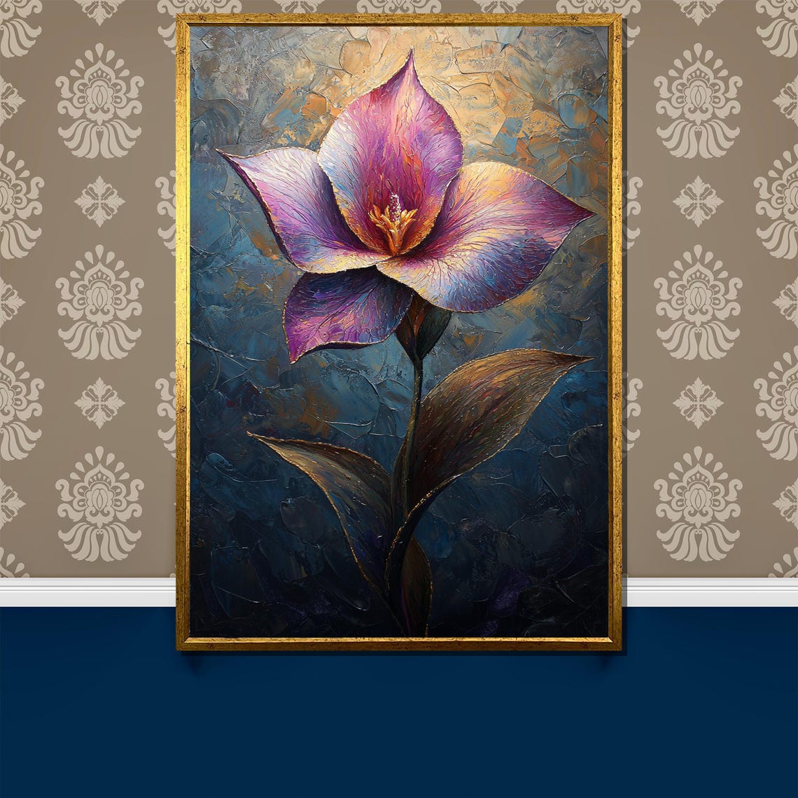 Purple Abstract Lily Bloom Textured Dark Floral Painting Poster
