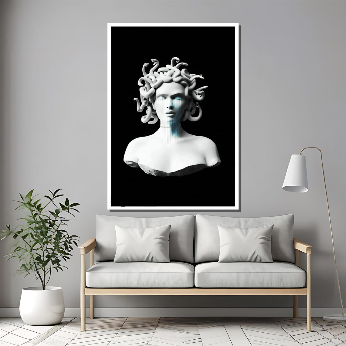 Monochrome Medusa Marble Bust With Glitch Scanline Effect Poster - Image 2