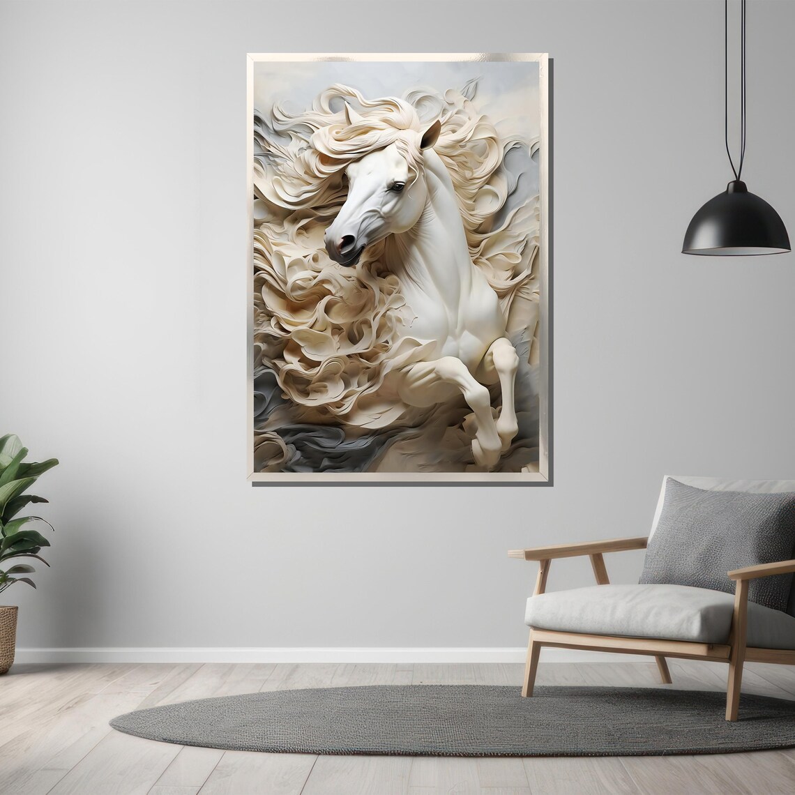 Graceful White Horse Painting, Textured Wall Art - Image 3