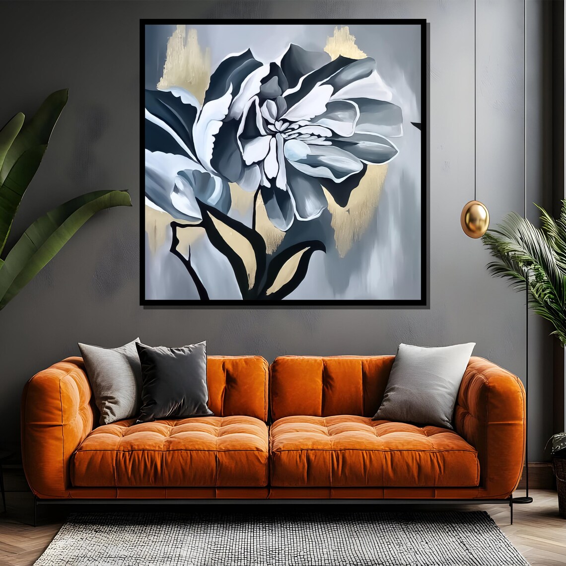 Black And White Monochrome Flower With Gold Accents Art Poster - Image 4