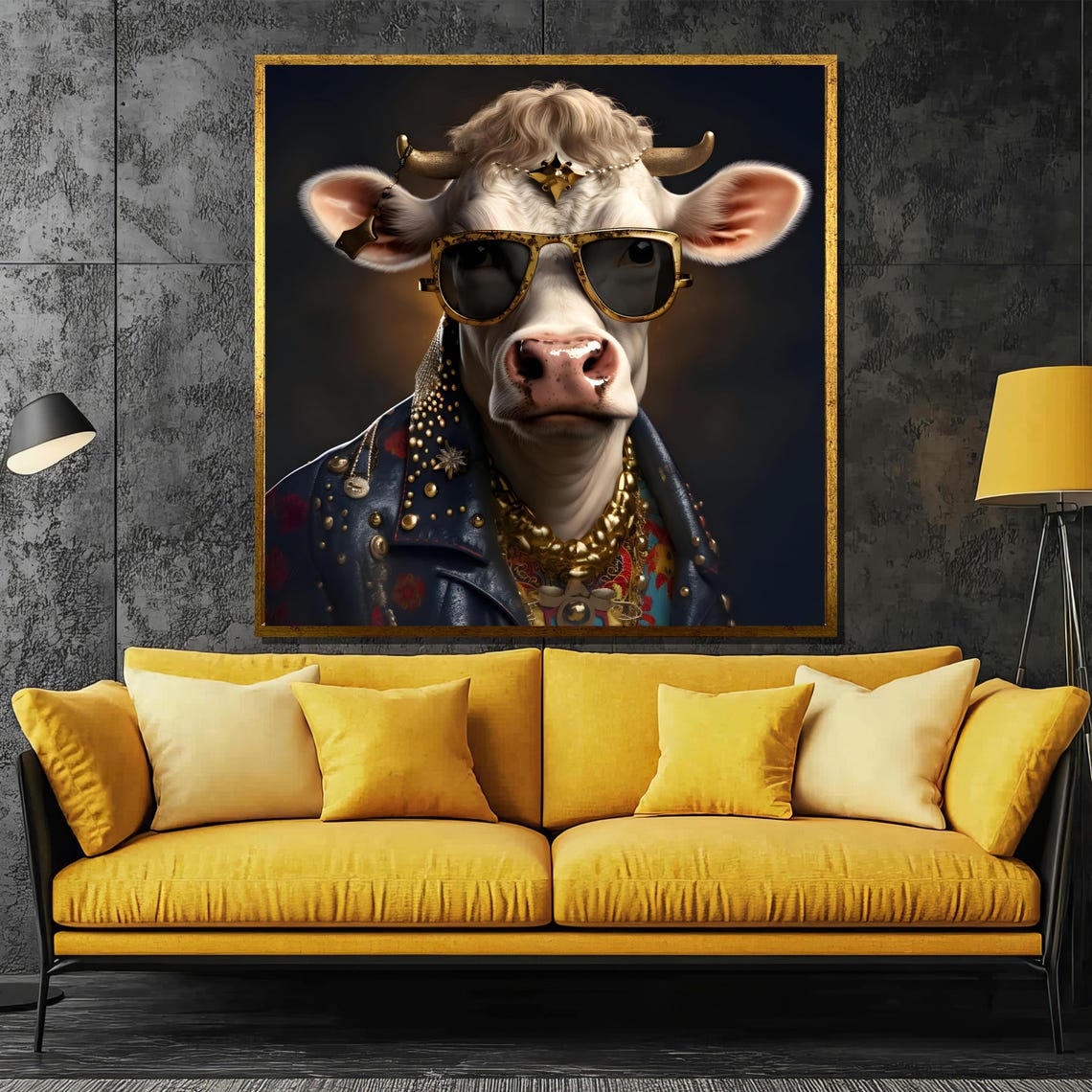 Cow Wearing Sunglasses and Studded Leather Jacket Funny Poster