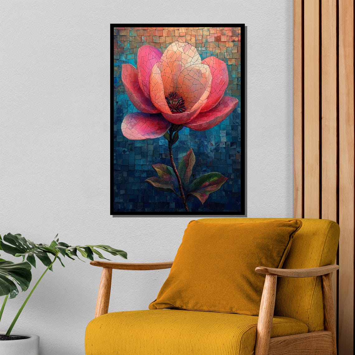 Mosaic Pink Magnolia Bloom Stained Glass Style Flower Art Poster - Image 4
