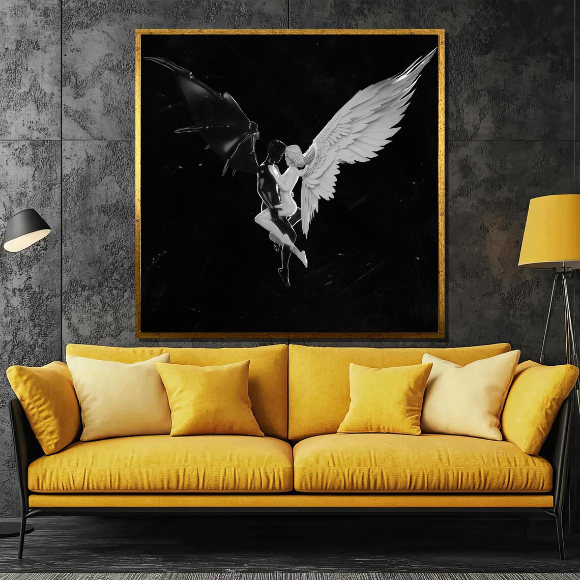 Angel and Demon Embrace, Black and White Art Print