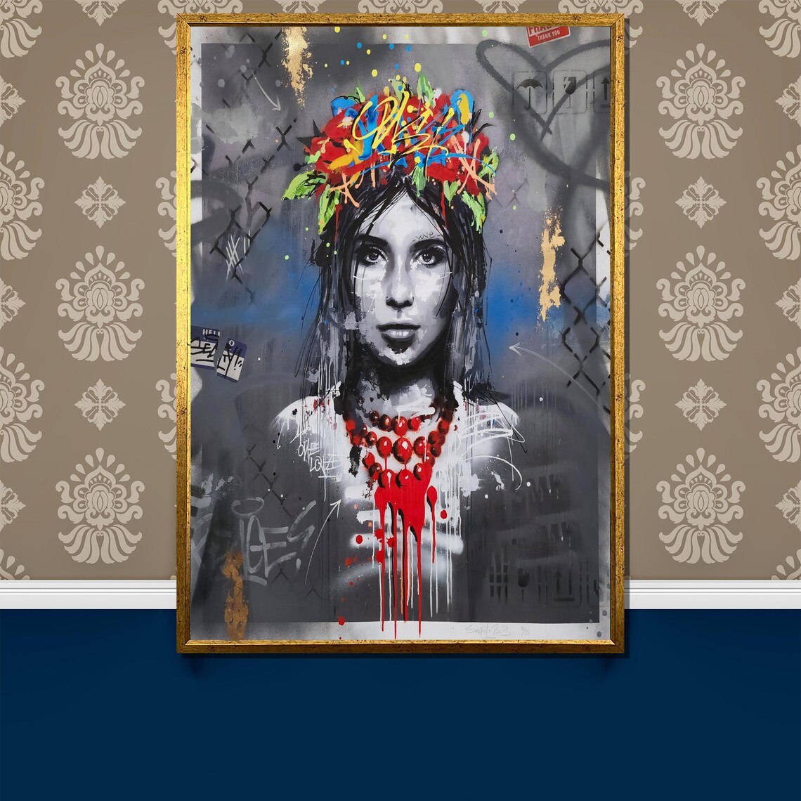 Flower Crown Graffiti Woman Red Necklace Urban Art Portrait Poster