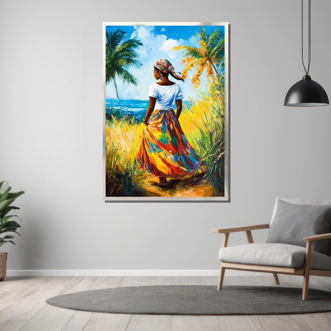 Colorful Caribbean Woman Walking Along Tropical Seaside Art Poster - Image 3