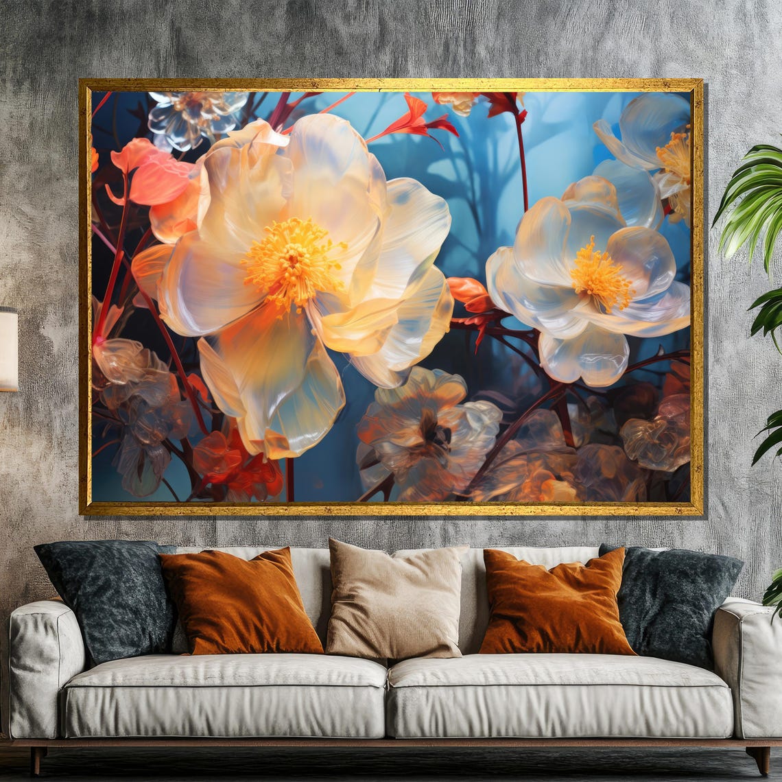 Dreamy Translucent White Blossoms On Blue Floral Painting Poster