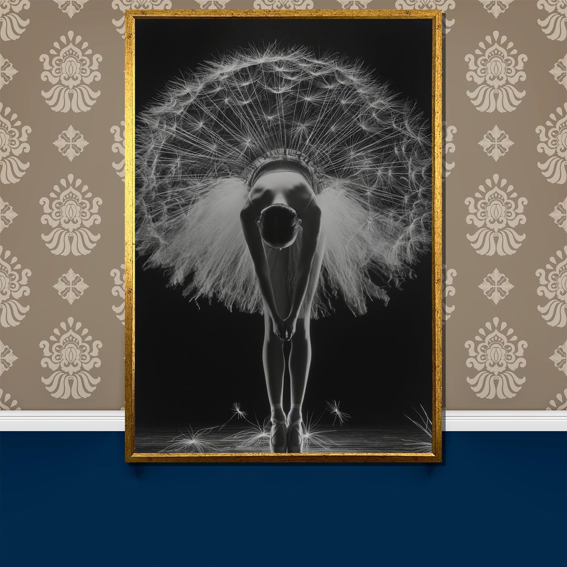 Bowing Ballerina With Dandelion Seed Halo Elegant Black Art Poster