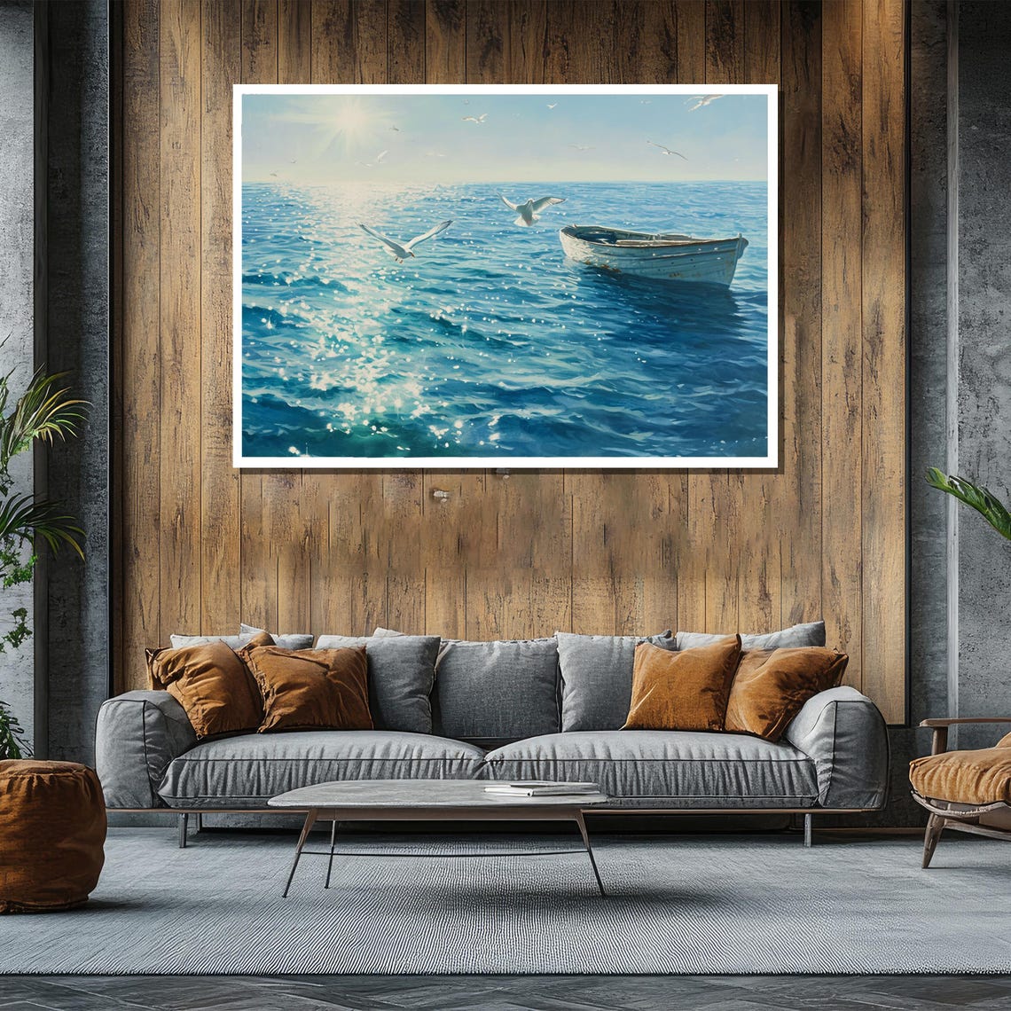 Rowboat and Seagulls on Sparkling Sunlit Blue Ocean Painting Poster - Image 2