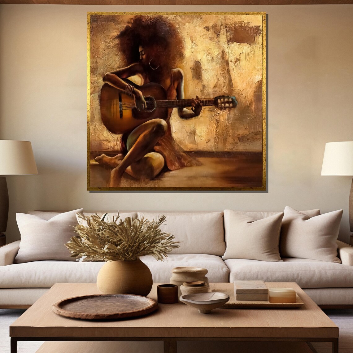 Woman Playing Guitar Warm Afro Acoustic Music Painting Poster - Image 5