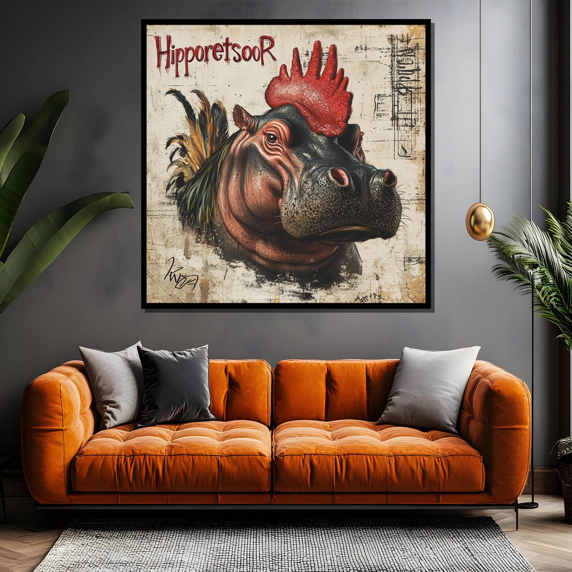 HipporetsooR Whimsical Hippo Rooster Hybrid Vintage Fantasy Poster - Image 4