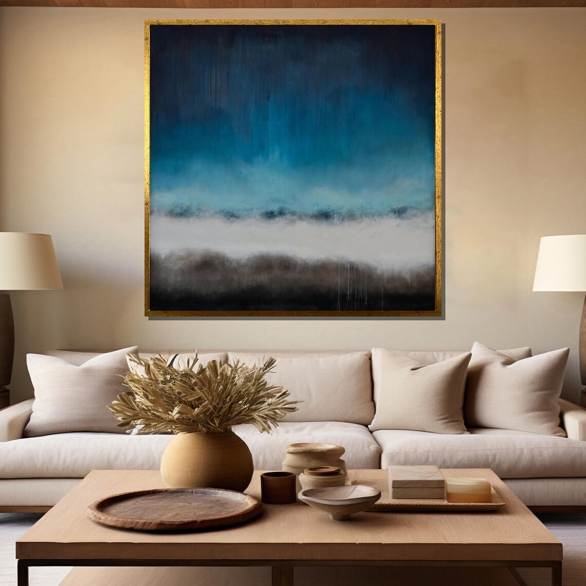 Moody Deep Blue Fog Abstract Horizon Contemporary Painting Poster