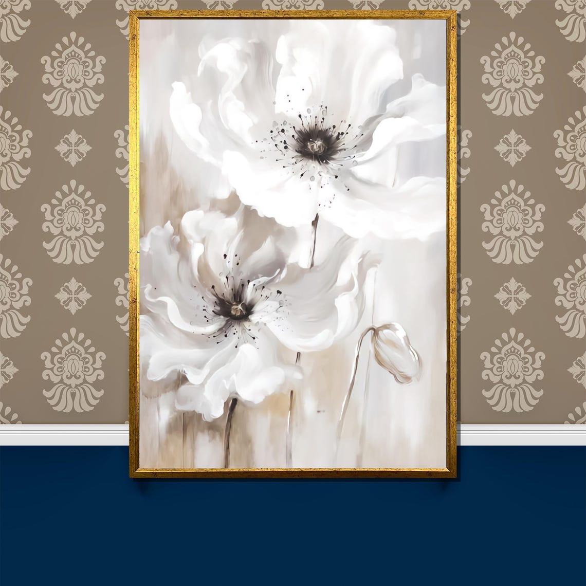 Serene White Poppy Bloom Neutral Beige Elegant Botanical Poster