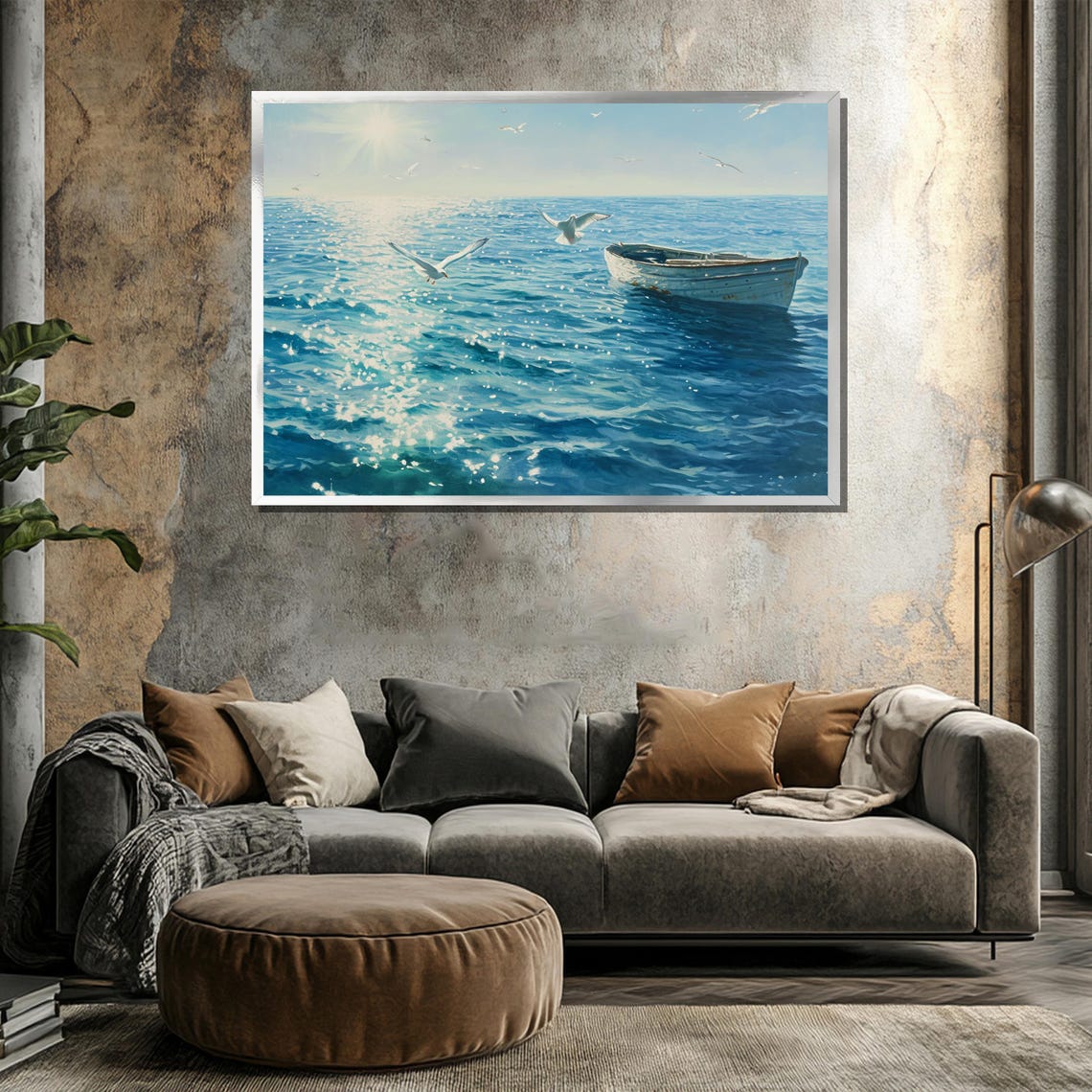 Rowboat and Seagulls on Sparkling Sunlit Blue Ocean Painting Poster - Image 3