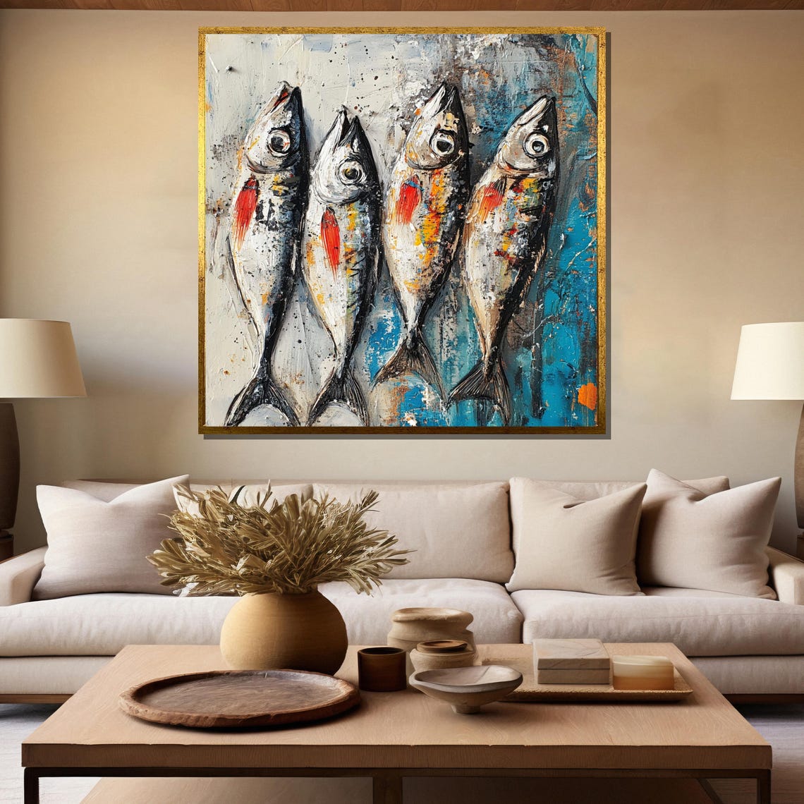 Four Rustic Fish in Blue and White Coastal Painting Style Poster - Image 5