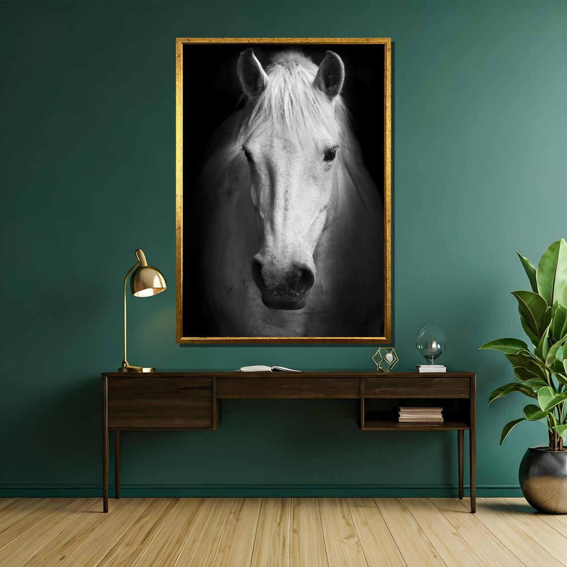 Serene White Horse Close Up Portrait In Black And White Poster - Image 5