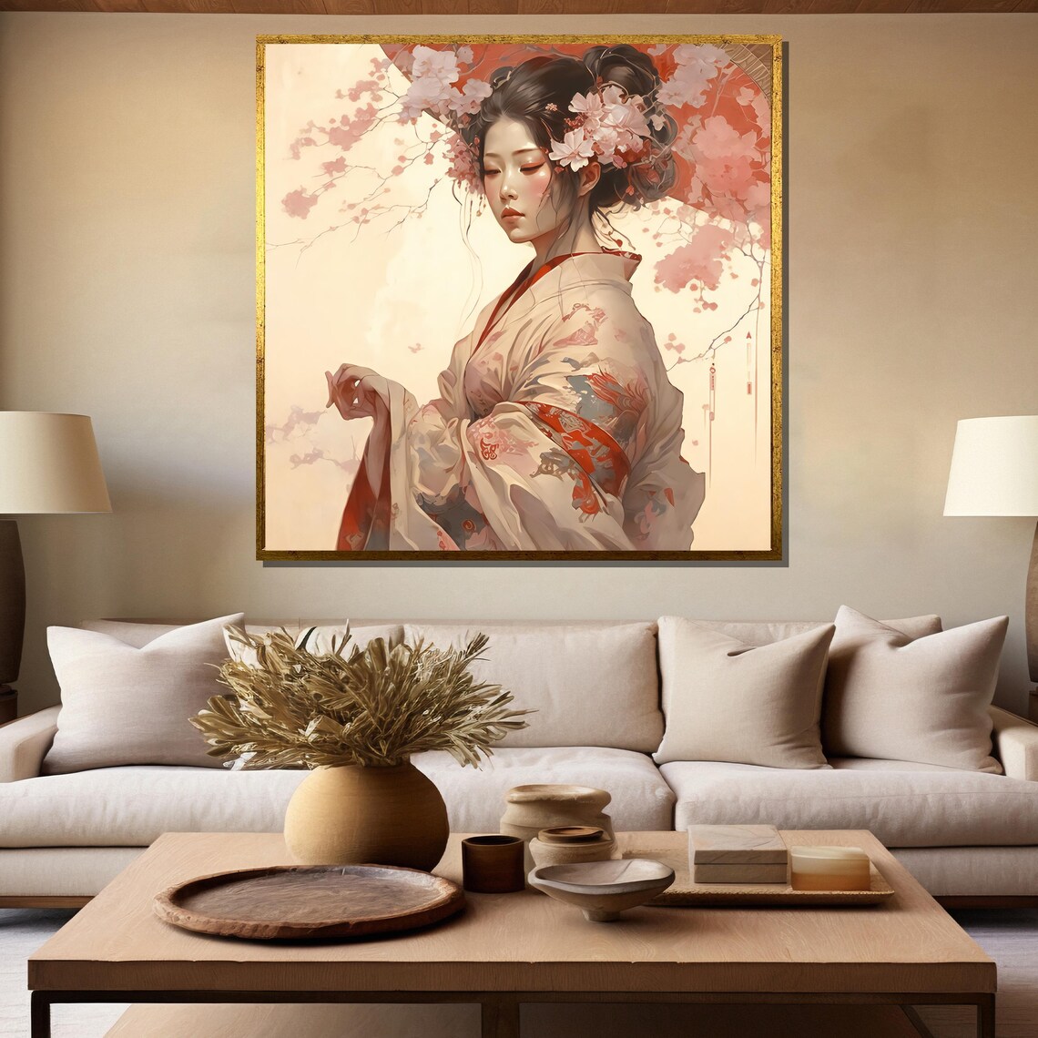 Elegant Geisha In Cherry Blossom Floral Kimono Japanese Art Poster - Image 5