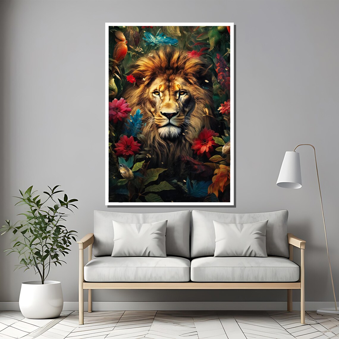 Majestic Lion Surrounded By Lush Tropical Flowers And Leaves Poster - Image 2